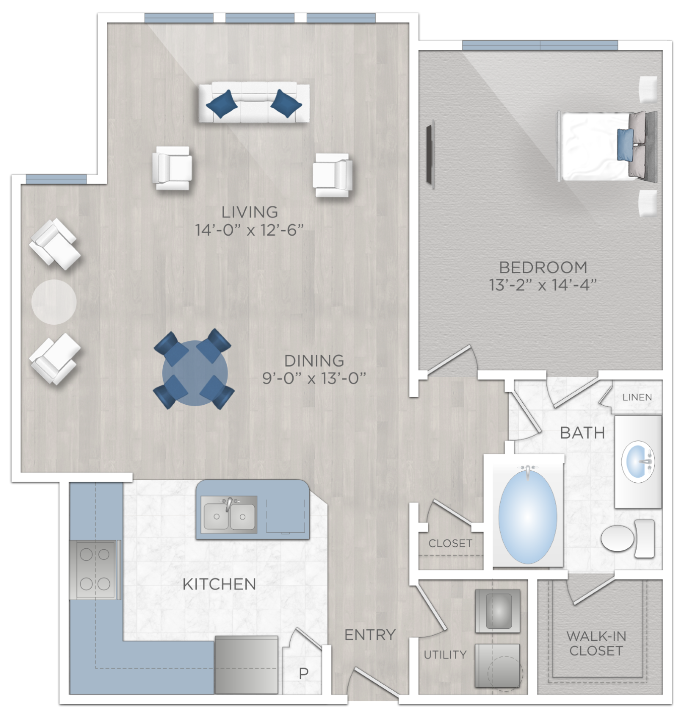Floor plan for 1 bed, 1 bath, 939 sqft